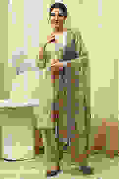 Green Linen Hand Painted Unstitched Suit Set image number 7