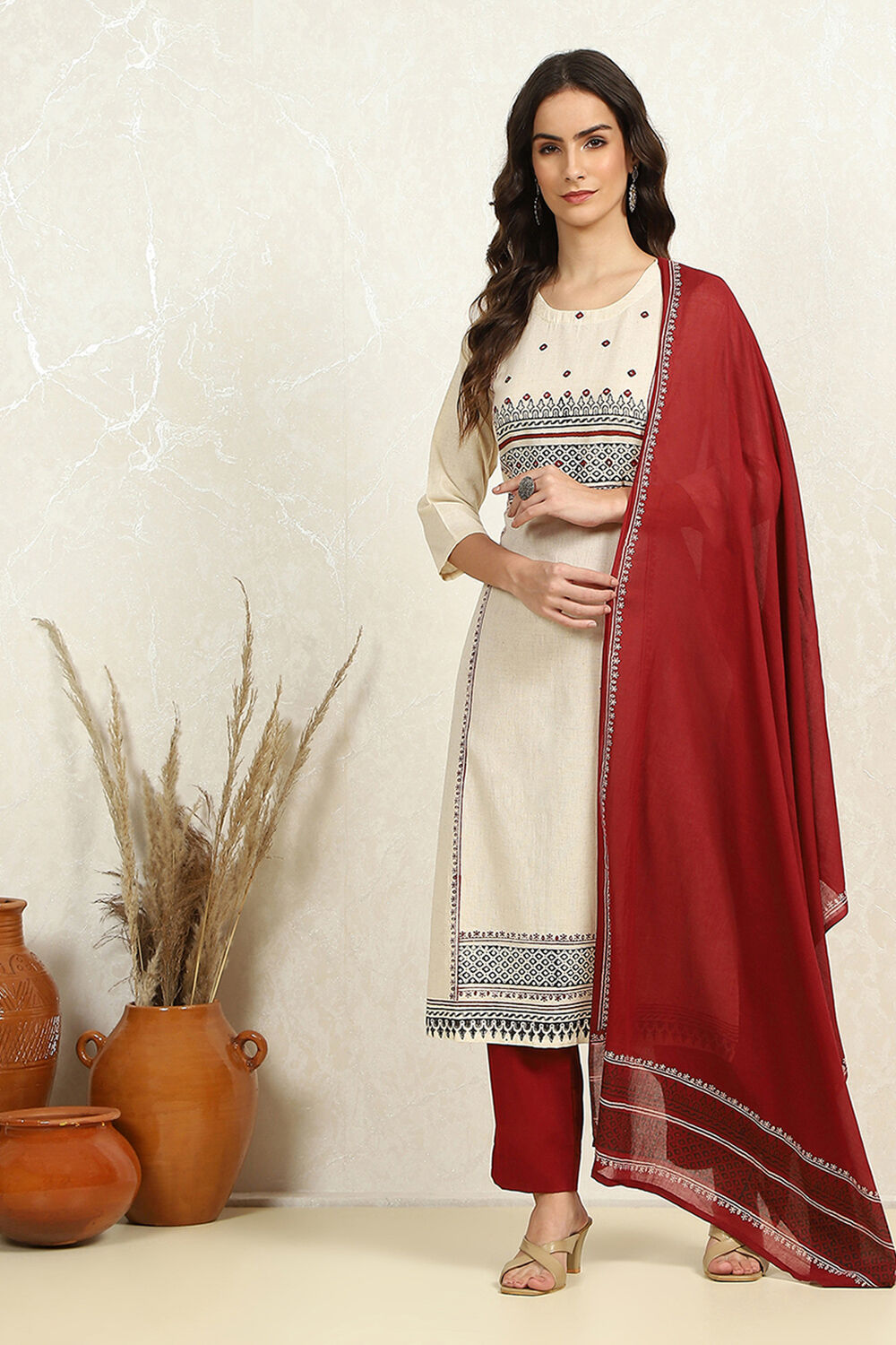 Off-White and Red Cotton Printed Unstitched Suit Set image number 1