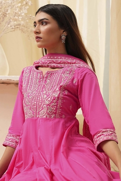 Pink Cotton Embroidered Anarkali Suit Set image number 7