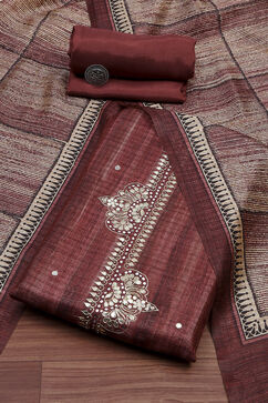 Wine Silk Blend Printed Embroidered Unstitched Suit Set image number 0