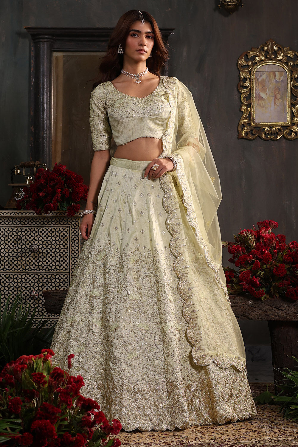 Mint Green Zari Embroidered Lehenga Set image number 0