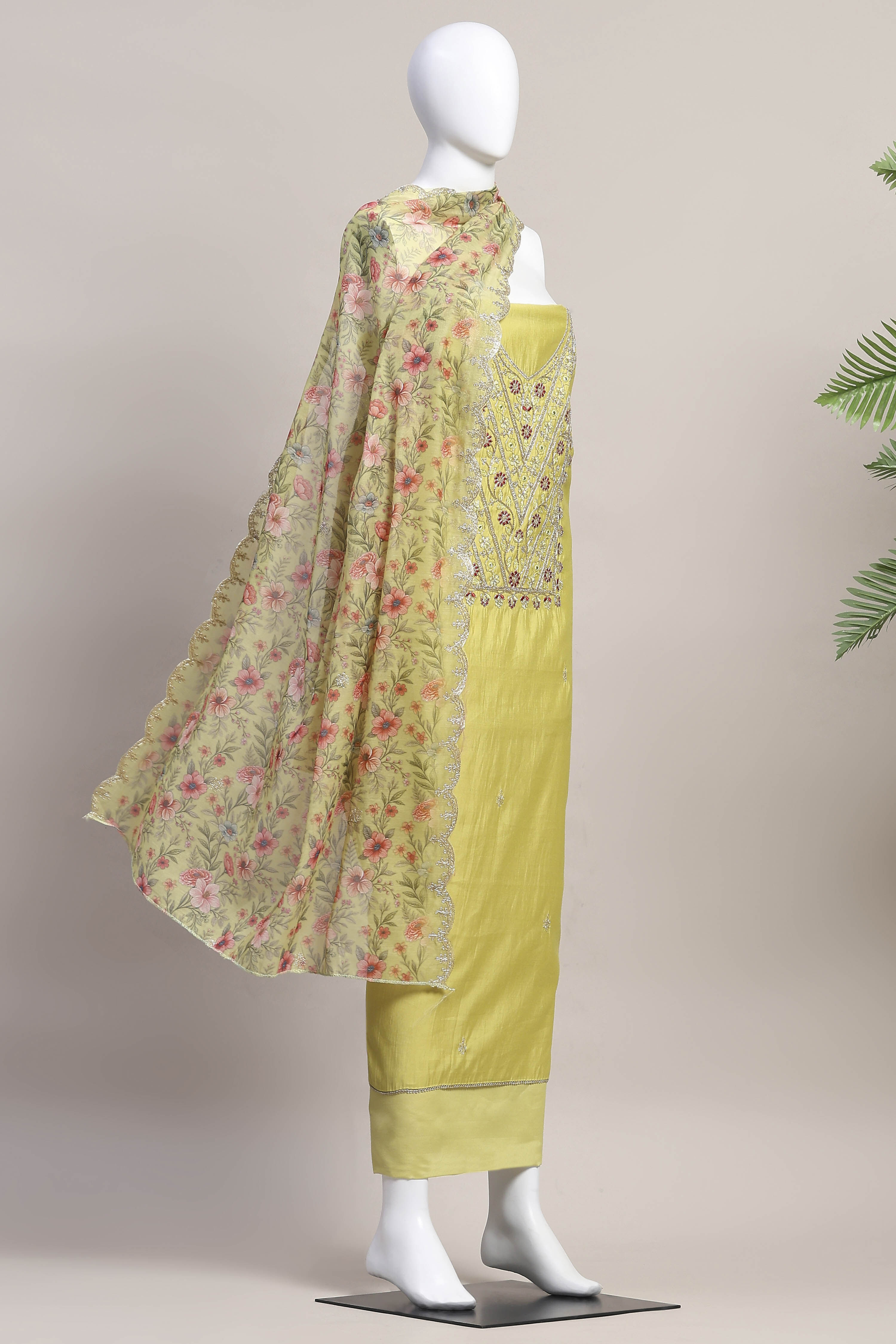 Teal Chanderi Unstitched Suit Set image number 4