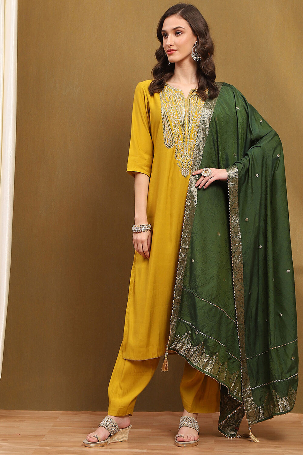 Mustard Yellow Chanderi Embroidered Unstitched Suit Set image number 5