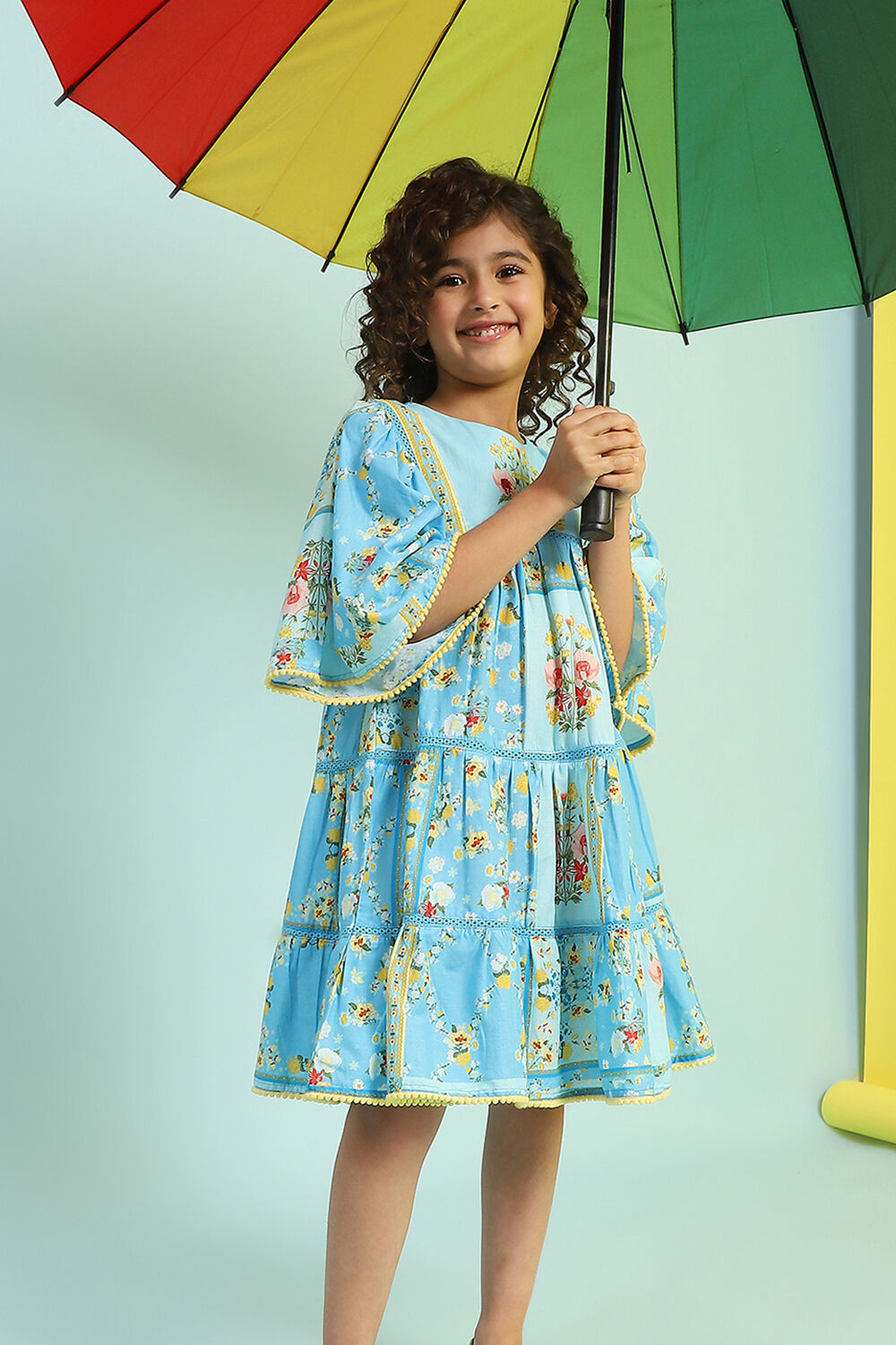 Sky Blue Cotton Printed Tiered Dress image number 7