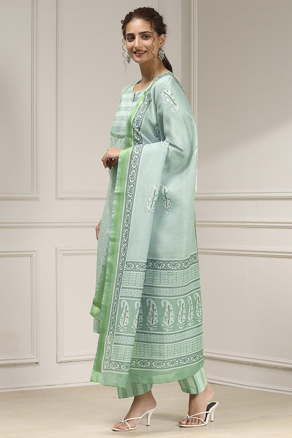 Beige Cotton Modal Digital Print Unstitched Suit Set image number 4