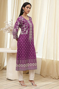 Purple Cotton Printed Straight Kurta image number 4