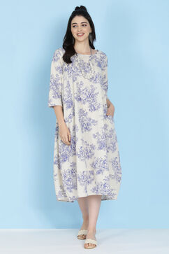 Cream Cotton Flax A-line Printed Kurta Dress image number 0