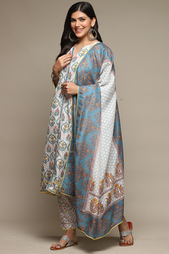 White Cotton Blend Gathered Kurta Suit Set image number 5