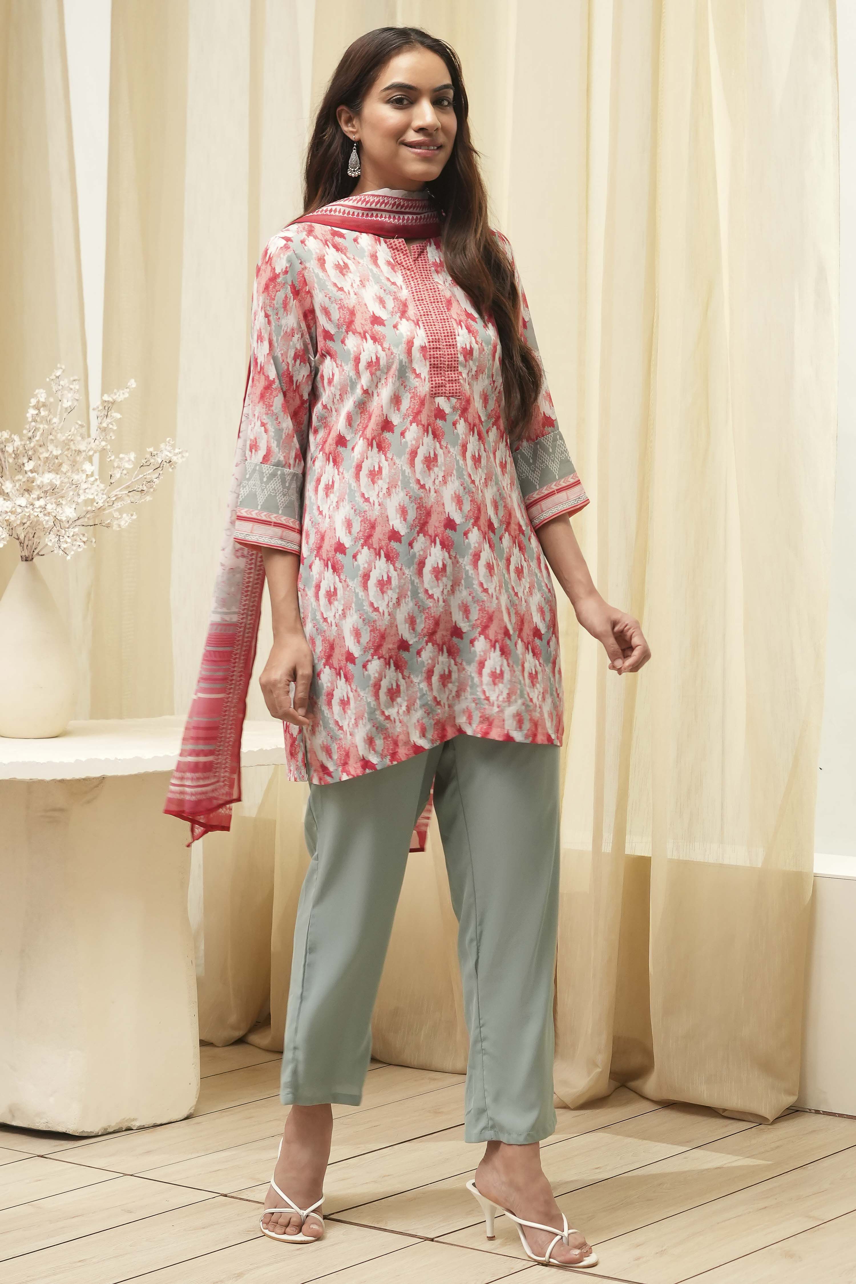 Off White Art Silk Straight Kurta Pant Suit Set image number 5