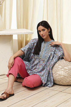 Dull Blue Cotton Flared Short Kurta image number 0