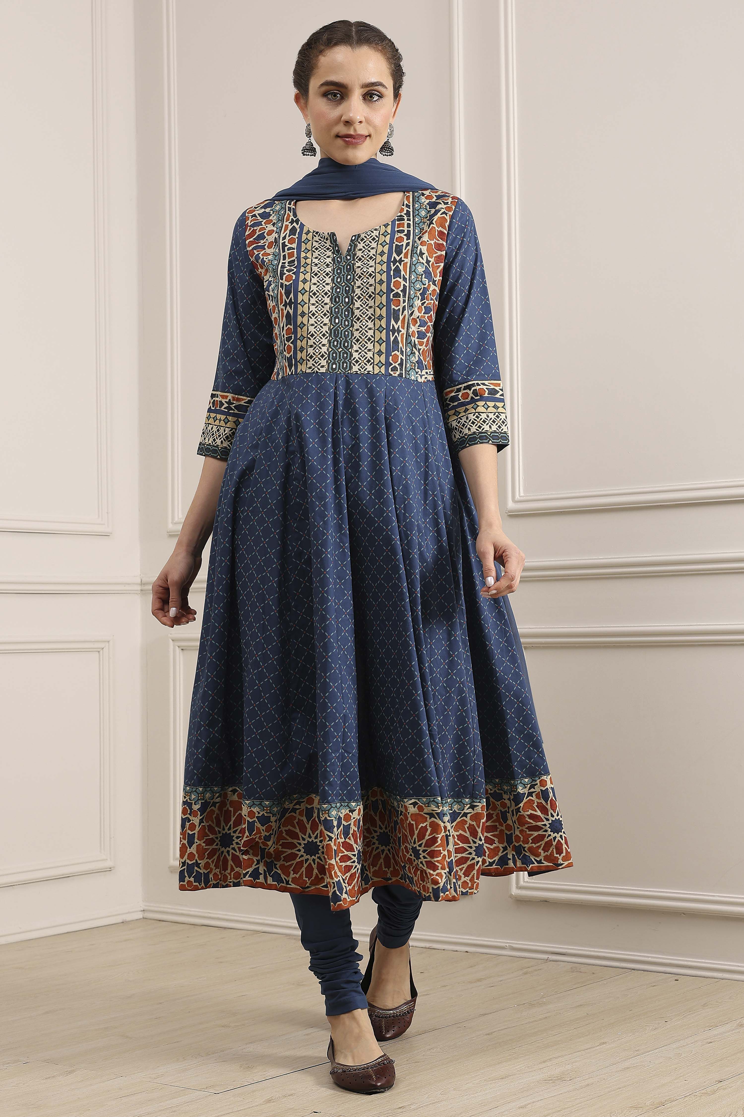 Indigo Cotton Printed Anarkali Suit Set image number 6