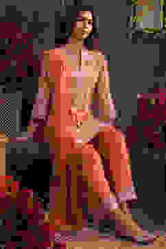 Orange Chanderi Embroidered Straight Suit Set image number 5