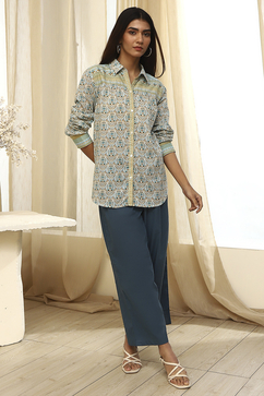 Blue Cotton Printed Straight Shirt