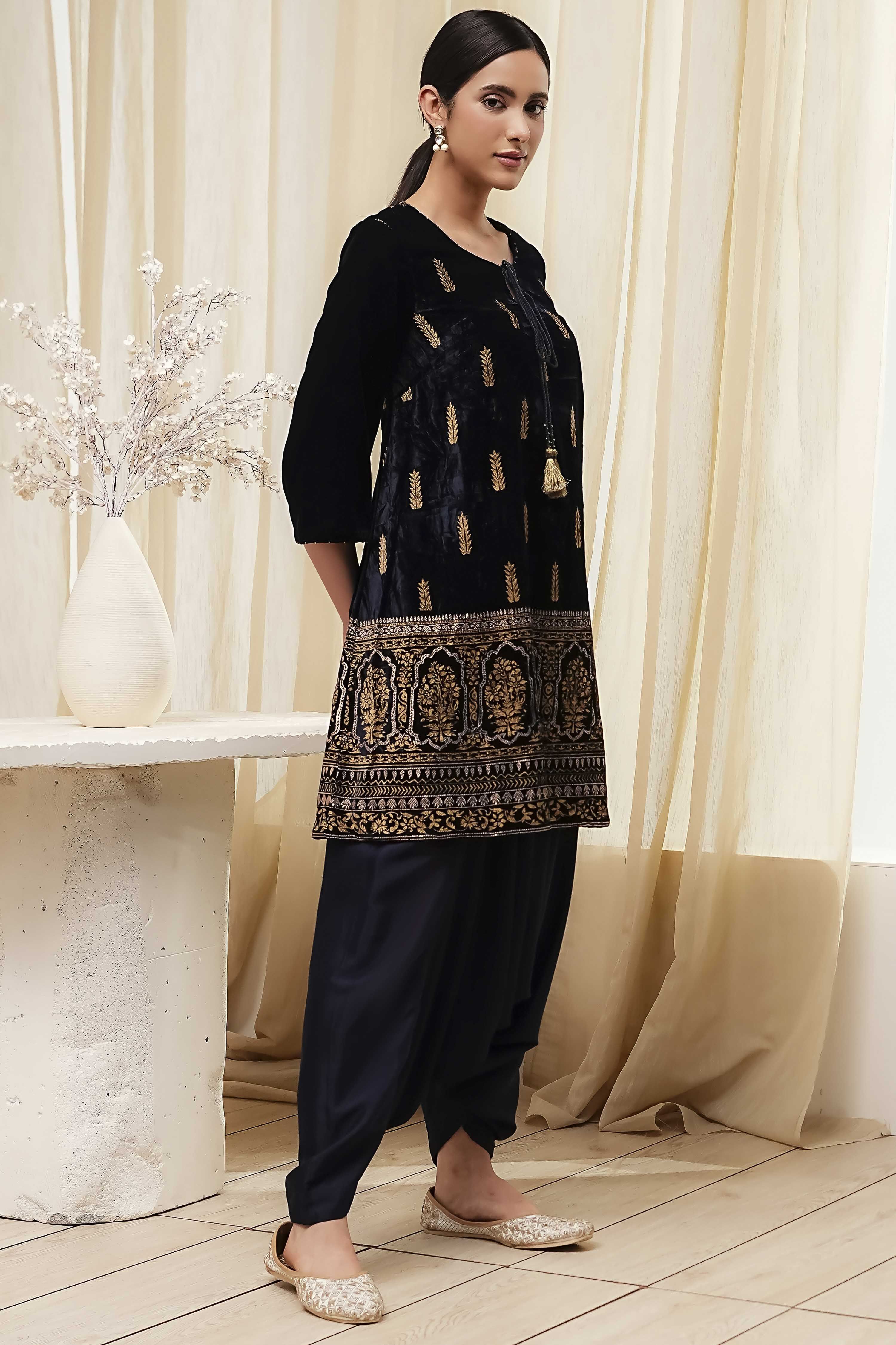 Navy Blue Polyester Straight Kurta Pants Set image number 5