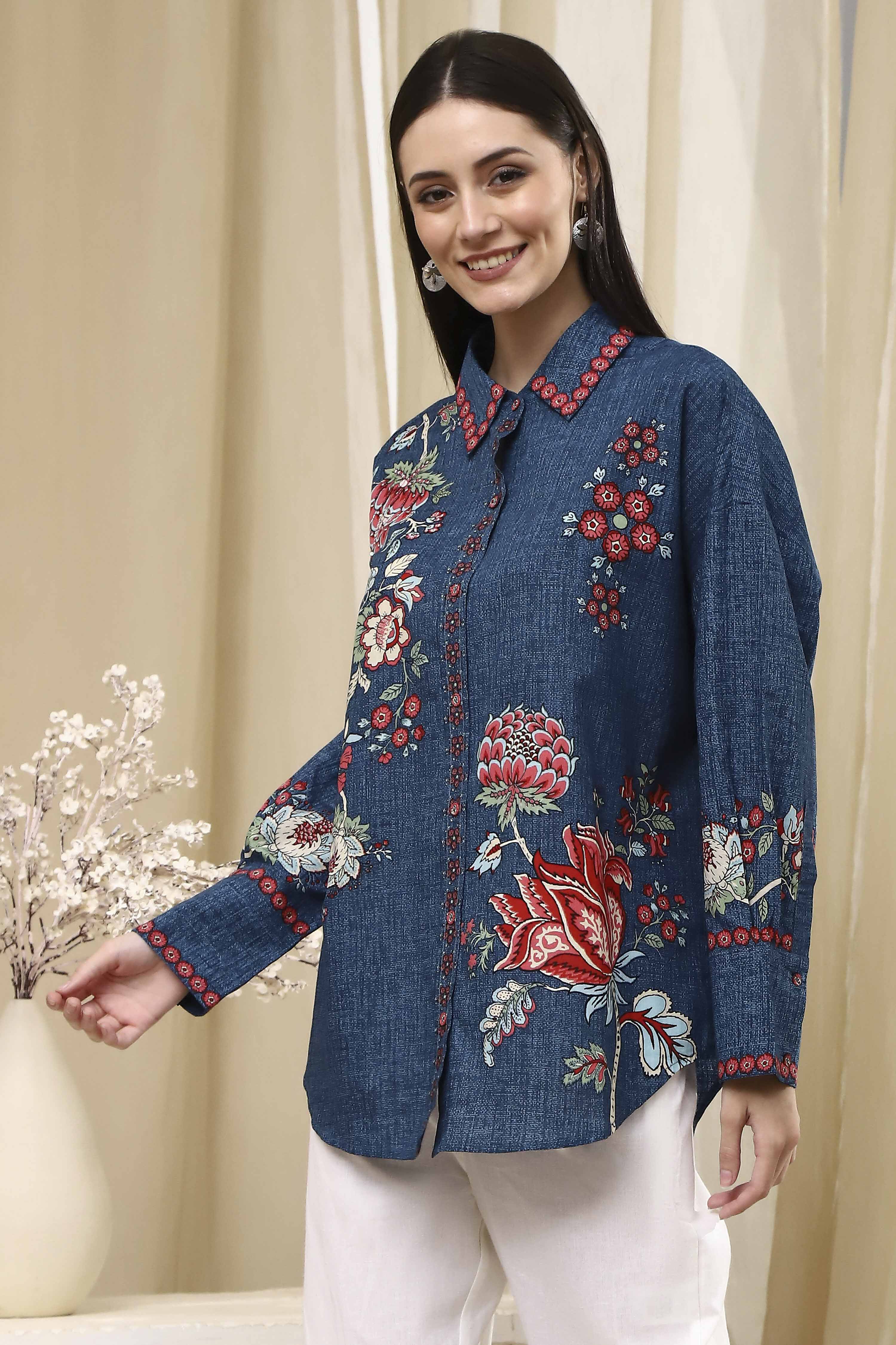 Blue Cotton Floral Printed Shirt image number 0