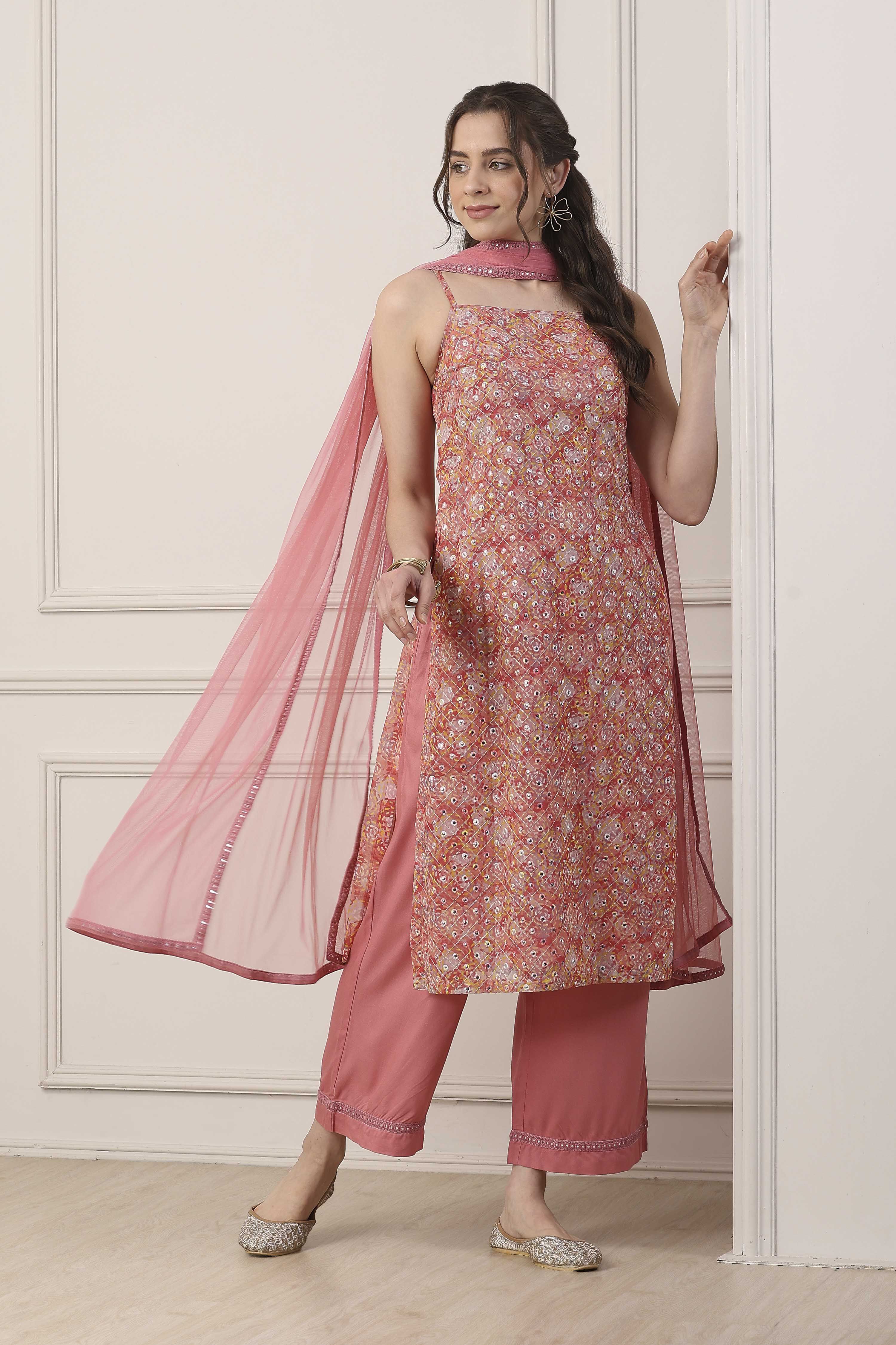 Peach Poly Georgette Straight Suit Set image number 0