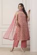 Peach Poly Georgette Floral Thread Work Straight Suit Set