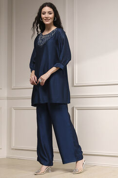Blue Self-Designed Straight Kurta Set image number 3