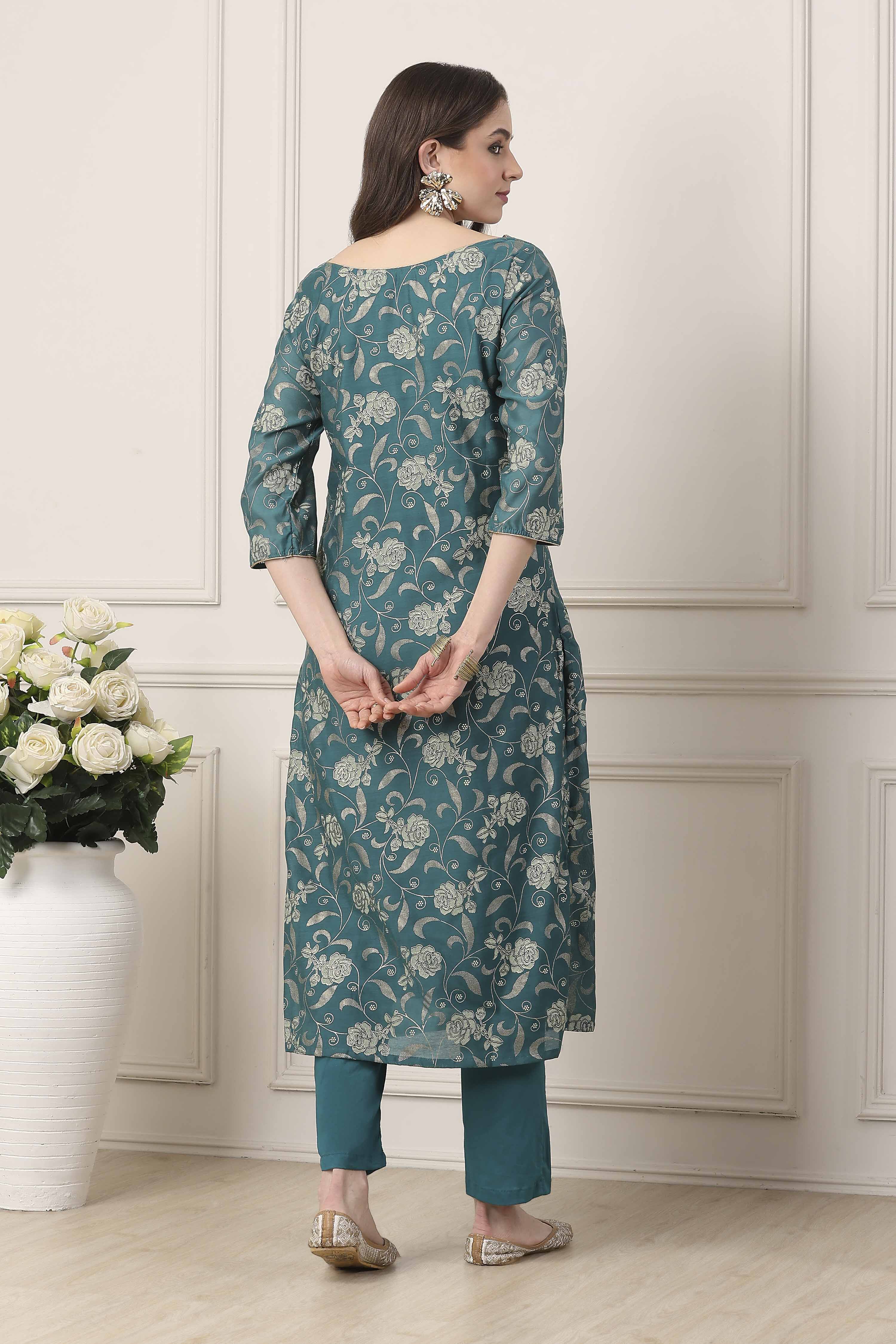 Peacock Green Printed Straight Kurta Regular Pants Suit Set image number 4