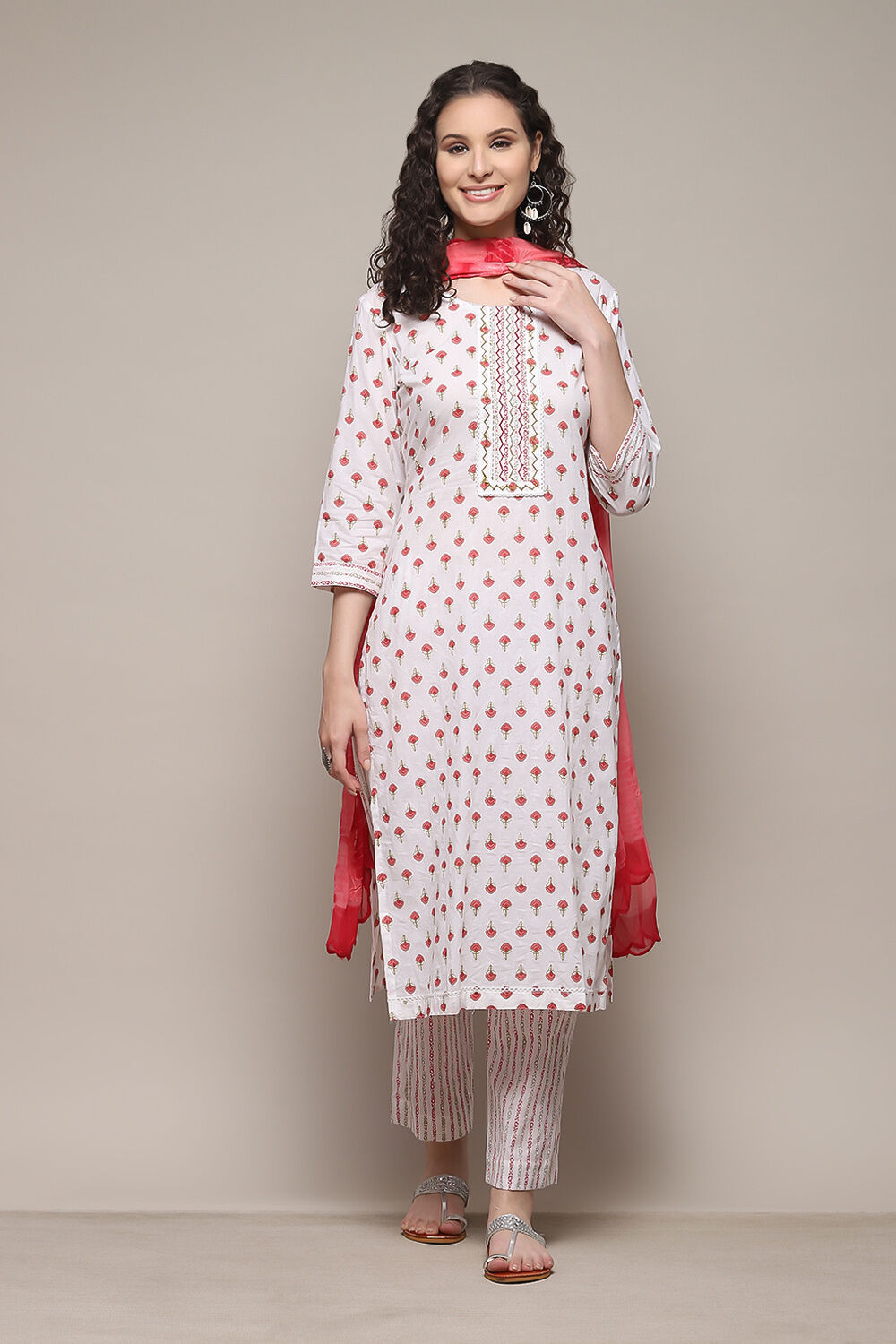 Pink Cotton Handloom Unstitched Suit Set image number 8