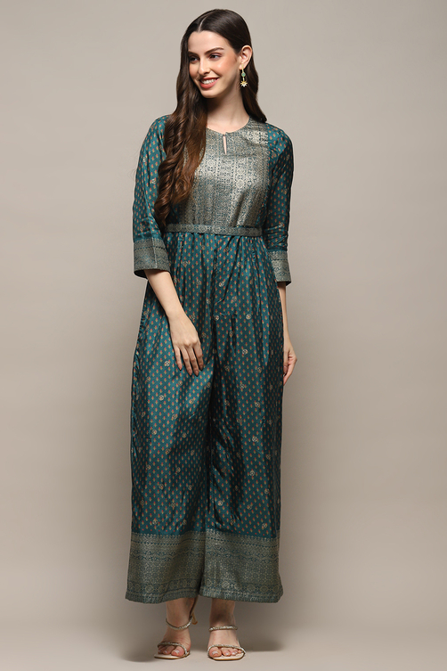 Teal Viscose Jackquard Straight Printed Jumpsuit image number 5