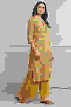 Yellow Cotton Printed Straight Kurta image number 4