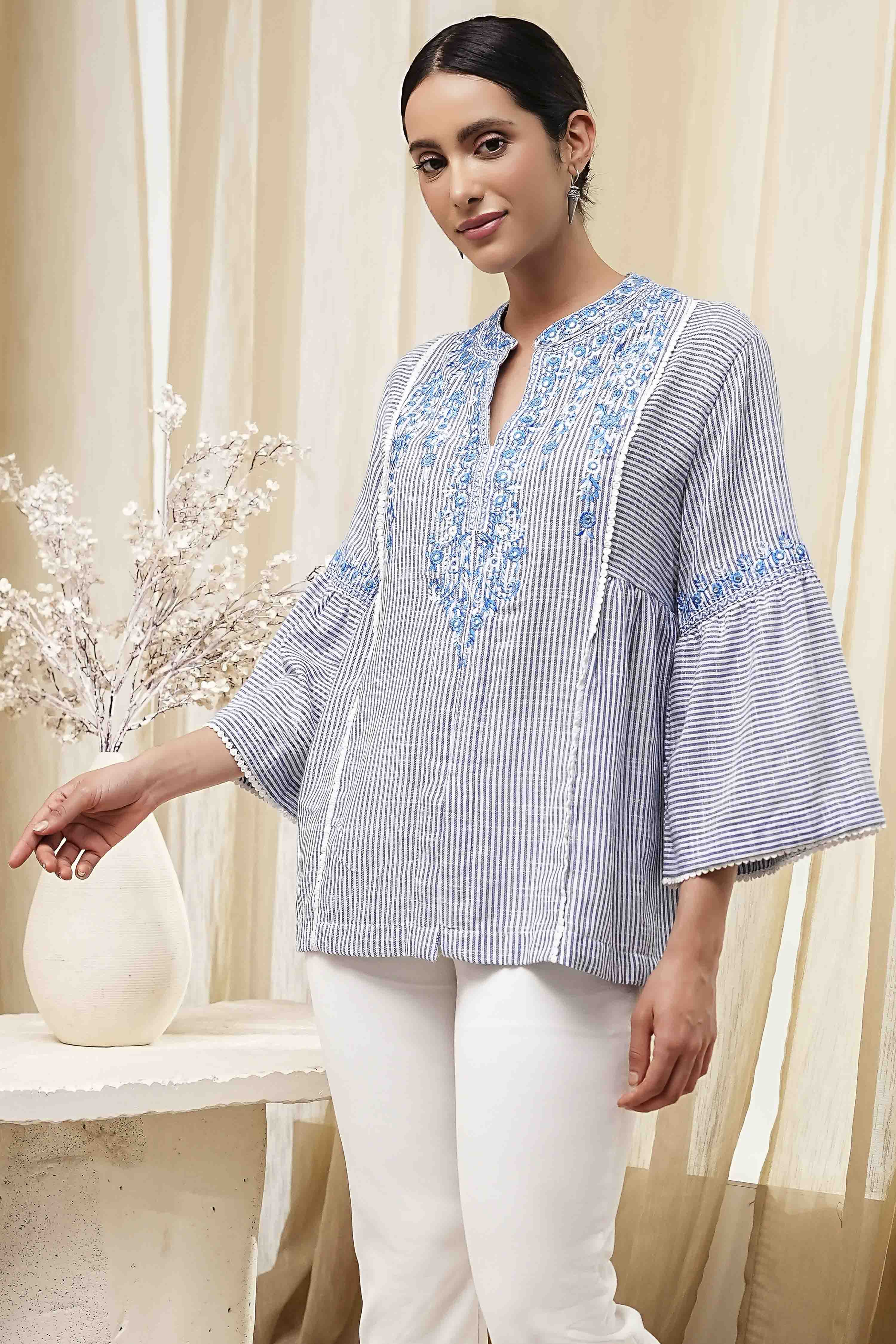 Blue Cotton Striped Straight Short Kurta image number 2