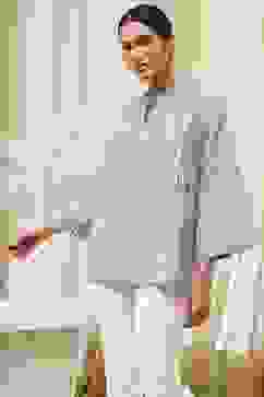 Blue Cotton Striped Straight Short Kurta image number 2