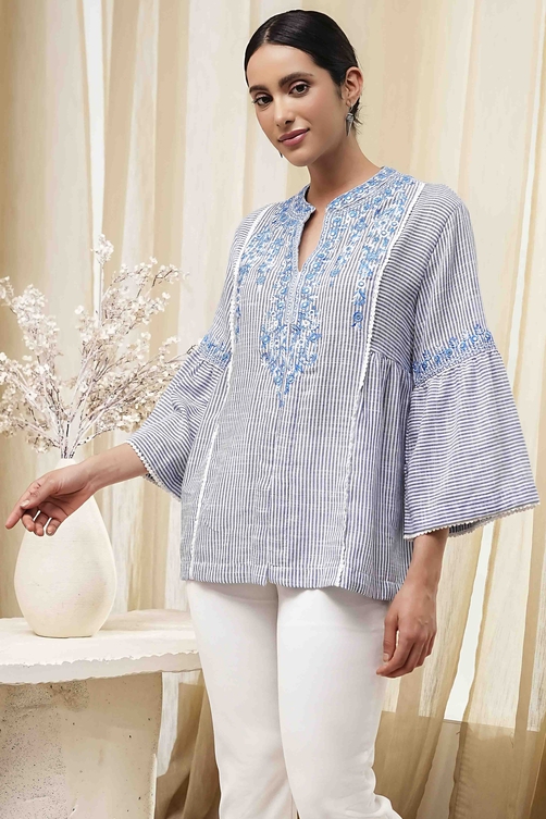 Blue Cotton Striped Straight Short Kurta image number 2