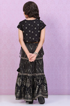 Black Art Silk Printed Short Top Lehenga Set image number 4