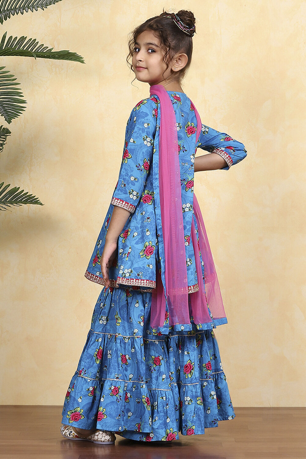 Blue Cotton Printed Flared Sharara Suit Set image number 4