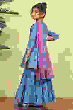 Blue Cotton Printed Flared Sharara Suit Set image number 4