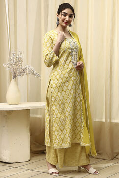 Mustard Cotton Printed Embroidered Unstitched Suit Set image number 6