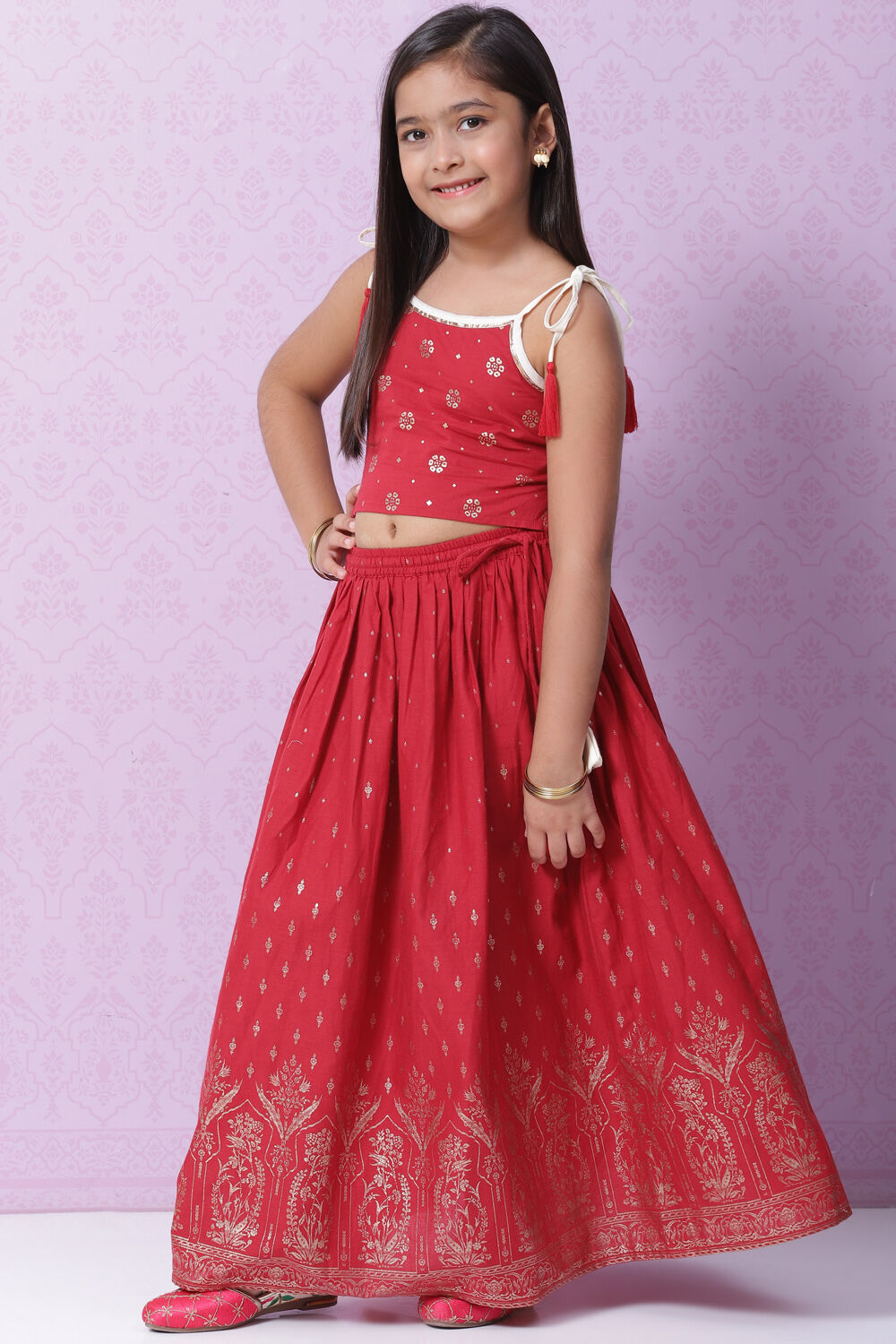 Cherry Red Cotton Lehenga Set image number 3