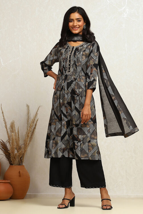 Black Modal Printed Gathered Suit Set image number 0