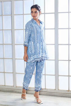 Blue Rayon Geometric Printed Straight Kurta Set image number 3