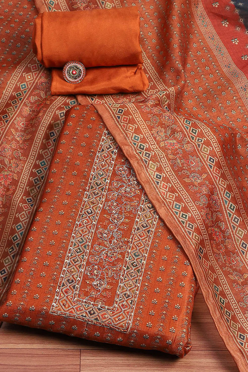 Blue Chanderi Floral Printed Unstitched Suit Set image number 0