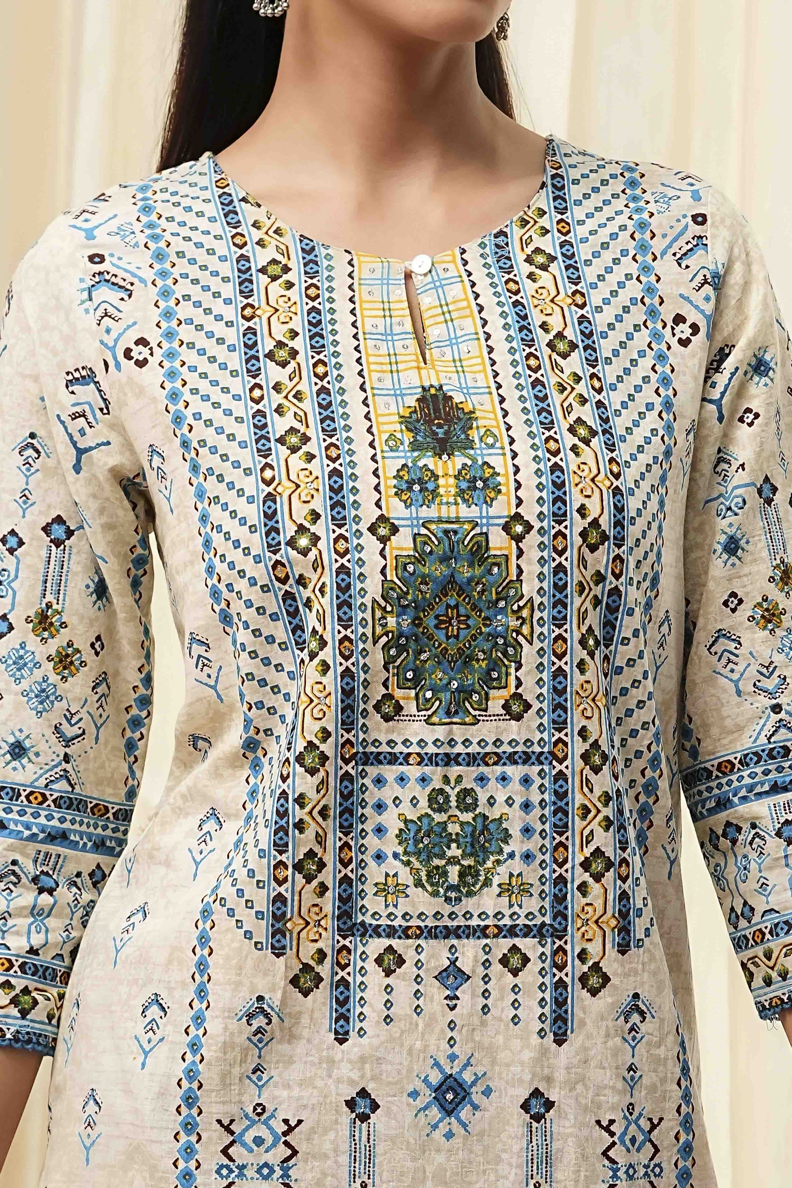 Off-White and Blue Cotton Straight Kurta image number 1