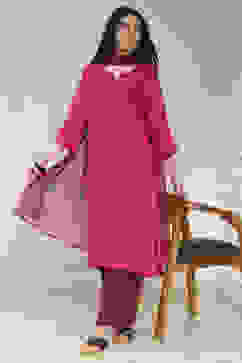 Pink Embroidered Straight Suit Set image number 0