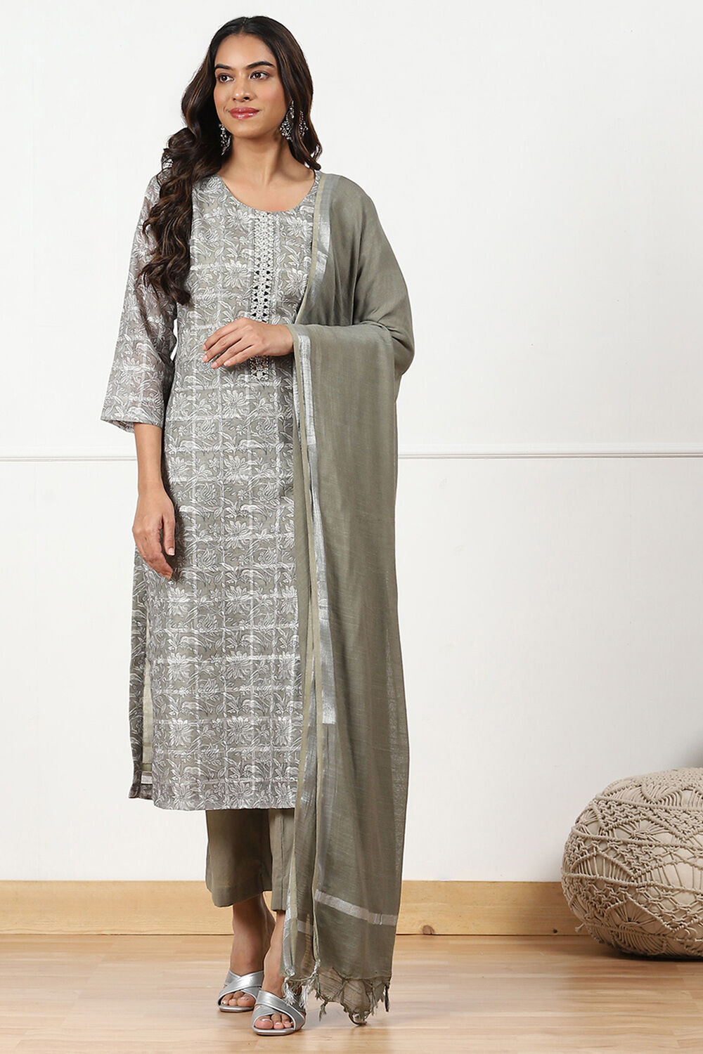 Brown Linen Blend Printed Unstitched Suit Set image number 1