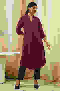 Burgundy Cotton Blend Solid Straight Kurta image number 4