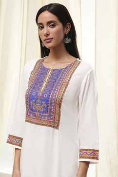 Off-White and Blue Straight Suit Set image number 1