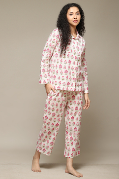 Off White & Pink Cotton Printed 2 Piece Sleepwear Set image number 5