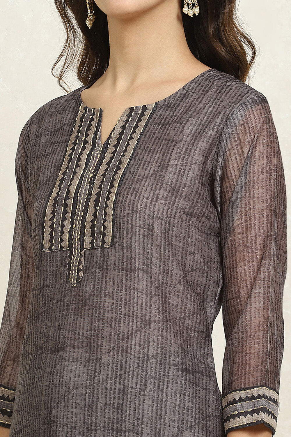 Grey Chanderi Blend Printed Unstitched Suit Set image number 2