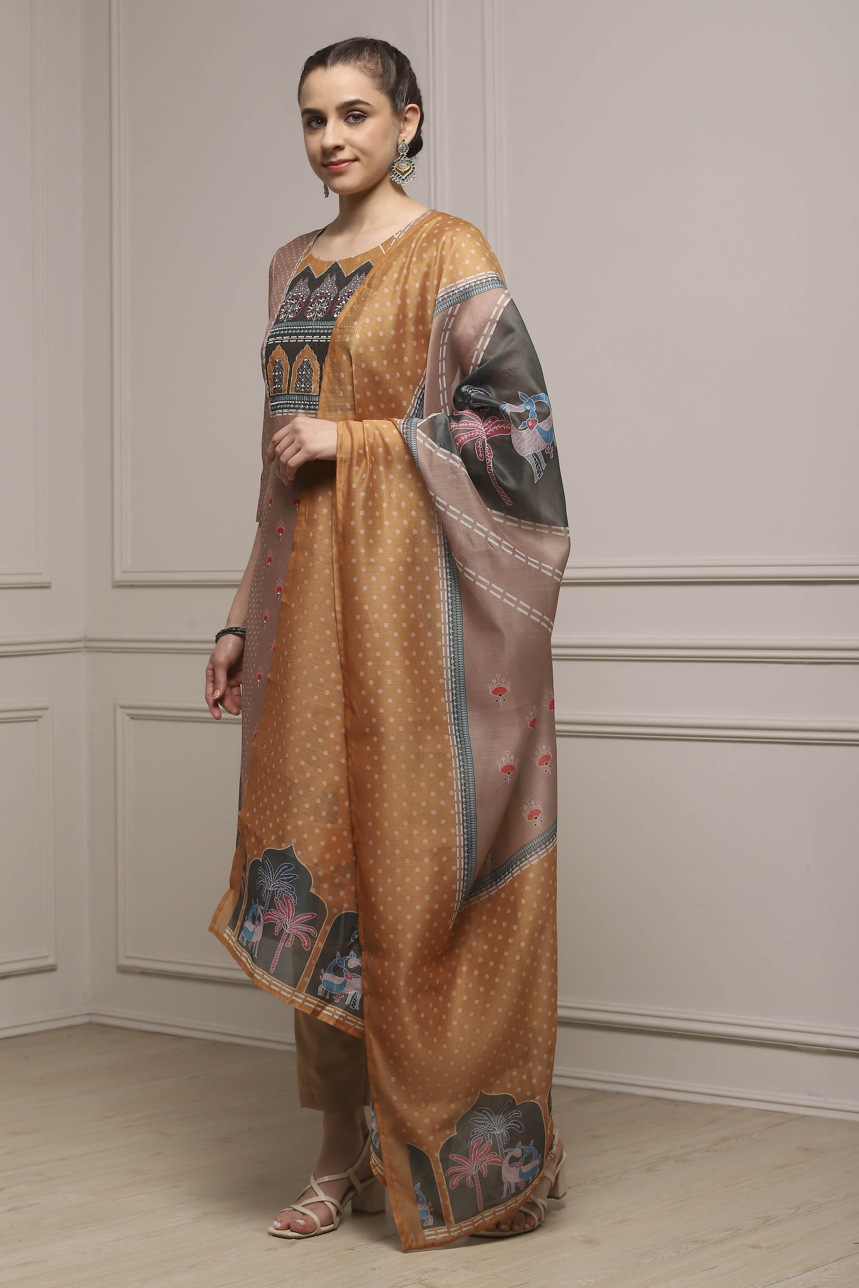 Brown Chanderi Blend Printed Embroidered Unstitched Suit Set image number 4