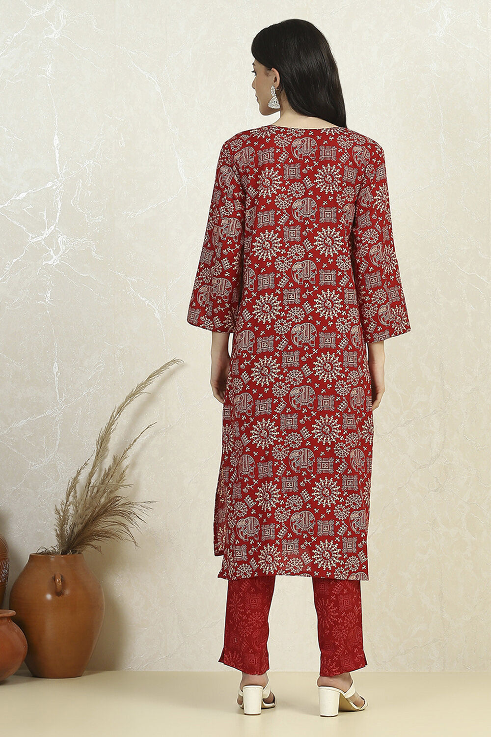 Red Cotton Printed Embroidered Unstitched Suit Set image number 5