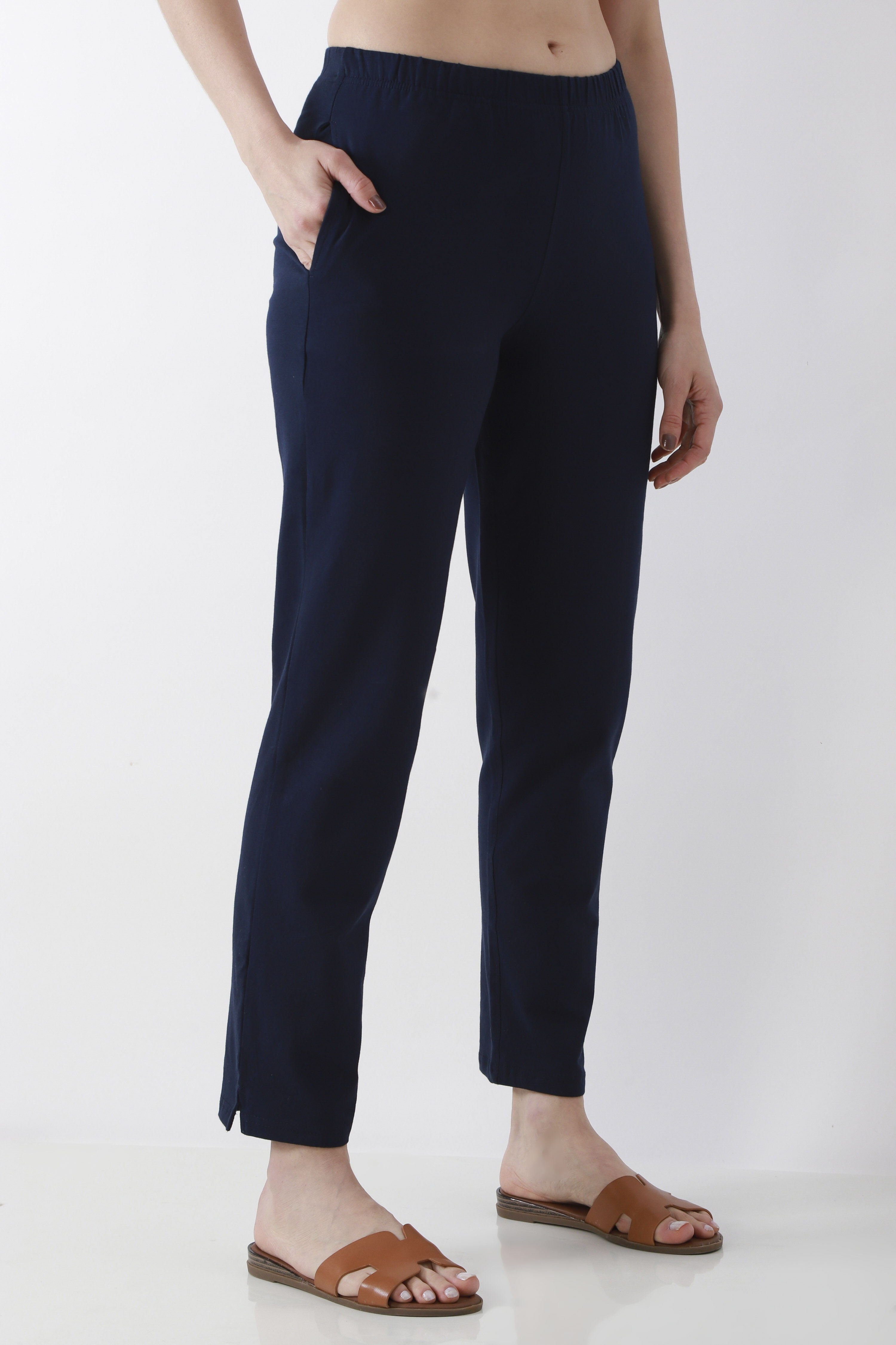 Navy Blue Solid Cotton Lycra Straight Pants image number 3