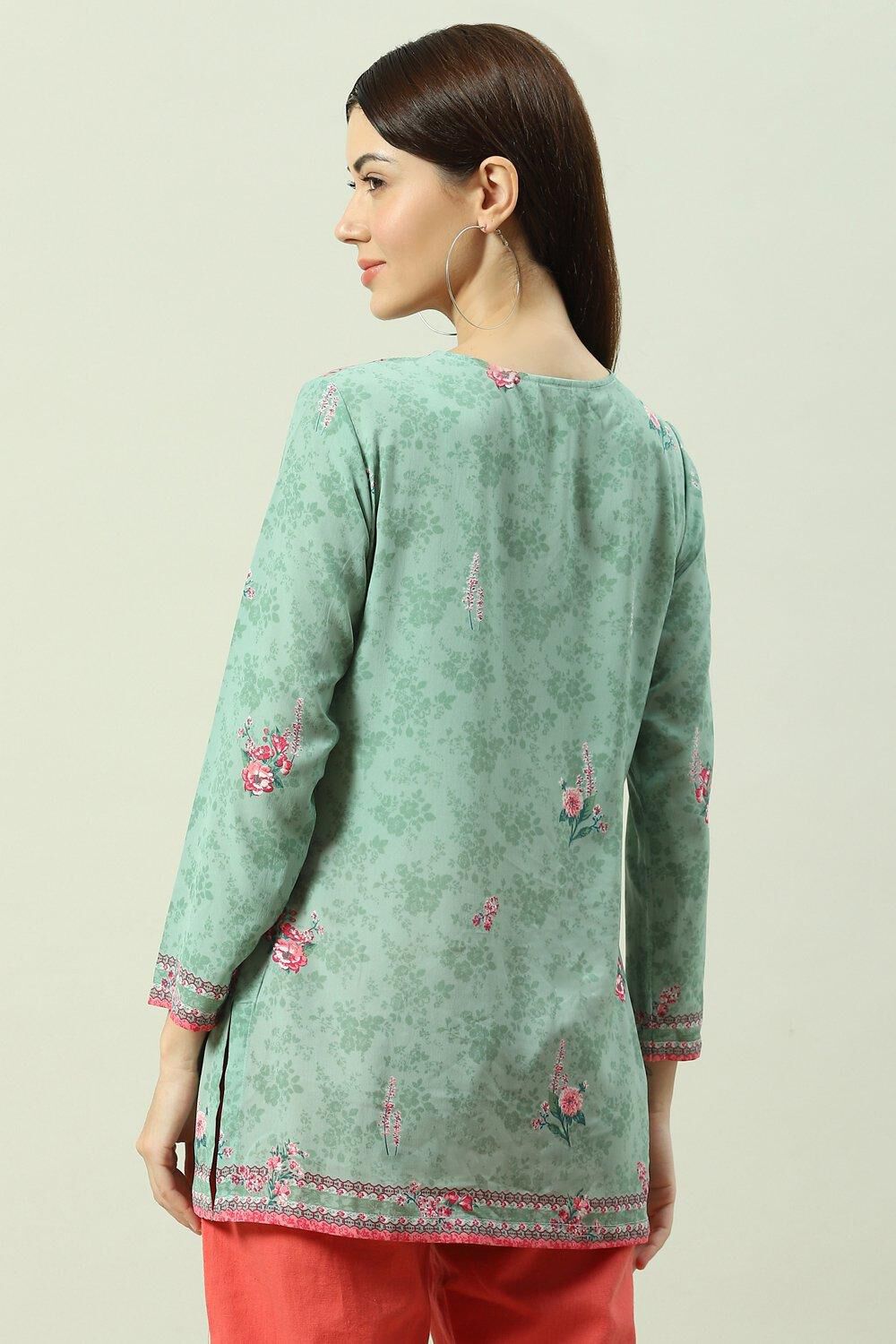 Sea Green Floral Printed Straight Kurti image number 4