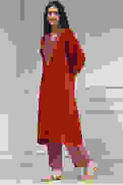 Red Satin Solid Kaftan-Style Kurta Set image number 3