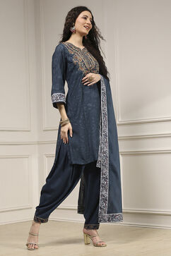 Teal Blue Blended Straight Printed Suit Set image number 5